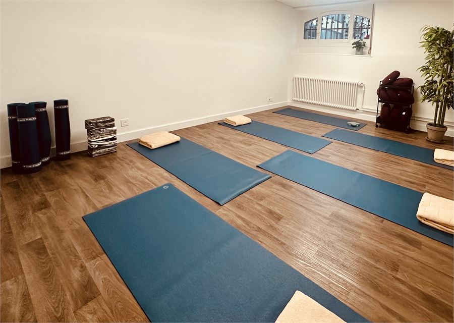 Espace de groupe : tapis de yoga installés sur le parquet